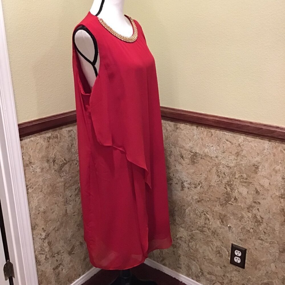 MSK 20W Dress Flowy Chiffon Sleeveless Midi Red Rhinestones Flattering Lined - Picture 3 of 16